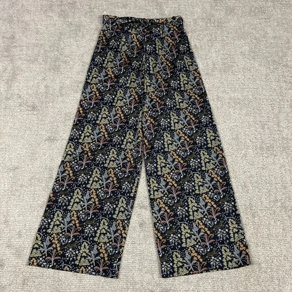 J Crew Point Sur Pants Womens 4 Tall Satin Jungle Print Wide Leg Belted Pockets